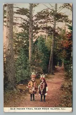 Little White Kids In Feather Headdress  Old Indian Trail  ROCK ISLAND IL Antique • $8.99