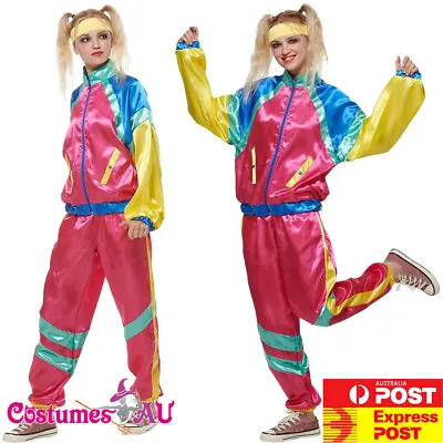 Ladies 80s Retro Neon Pink Costume 1980s Height Fashion Tracksuit Shell Party • $33.24