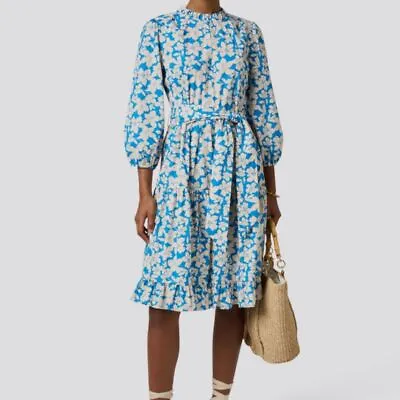 $375 Shoshanna Women's Blue Pia Tiered Floral-Print Dress Size 6 • $120.38