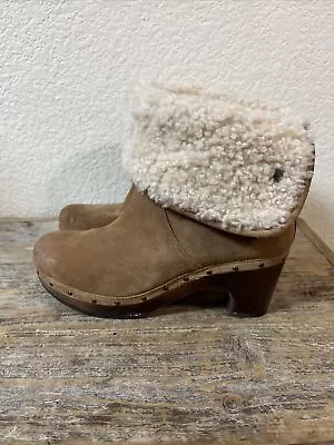 $49.99 • Buy UGG LYNNE Tan Suede WOOD Heel SHERPA STUDDED CLOG BOOTS  US9 EU 40 Fold Over