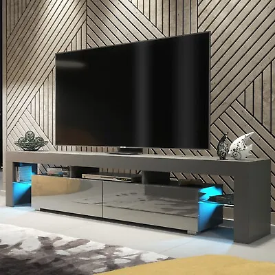 Modern 200cm TV Unit Grey Cabinet Stand High Gloss Doors With Free LED • £179