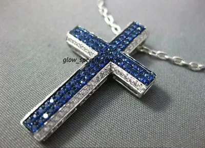 2.20 Ct Round Simulated Blue Sapphire Men's Cross Pendant 14K White Gold Plated • $155.99