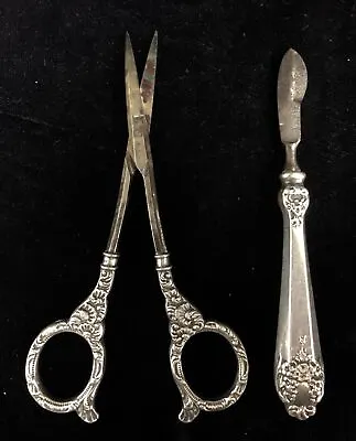 Lot-2 Antique Sterling Silver F&B Germany Manicure Curved Scissors/Cuticle Tool • $74.99