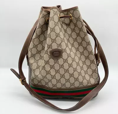 Vintage GUCCI Drawstring Brown GG PVC Canvas And Leather Shoulder Bag＃212 • $369