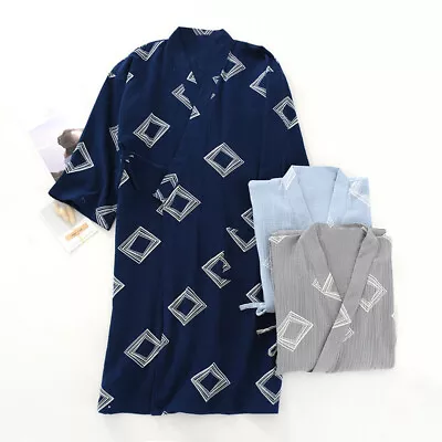 Men Kimono Yukata Pajamas Cotton Soft Bathrobe Robe Gown Nightwear Grey Navy • £27.67