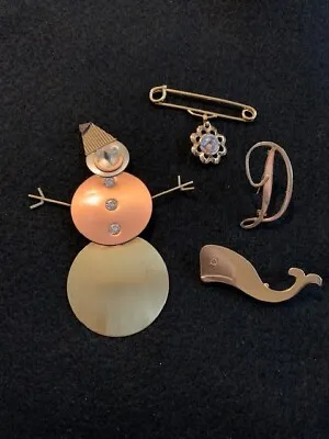 Lot 4 Vtg Copper Brass Goldtone Pins Snowman Whale Mustard Seed Letter D • $9.99