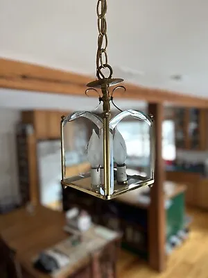 $19.20 • Buy Vintage Pendant Hanging Ceiling Lamp Lantern 2 Light Brass And Etched Glass