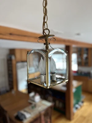 $19.20 • Buy Vintage Pendant Hanging Ceiling Lamp Lantern 2 Light Brass And Etched Glass