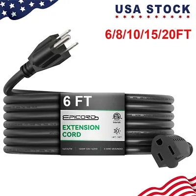 6/8/10/15/20 Foot Black Outdoor Extension Cord - 16/3 SJTW Waterproof Cord New • $12.34