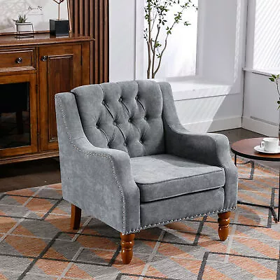 Grey Accent Chair & Footrest Set With Vintage Brass Studs Button Tufted • $195.60