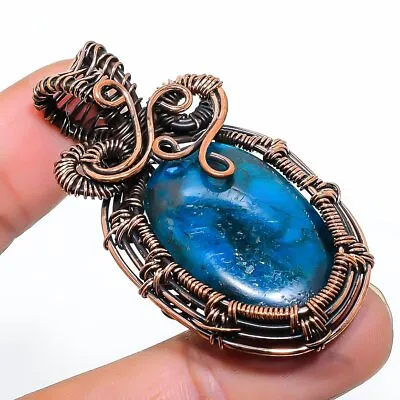 Neon Blue Apatite Gemstone Handmade Copper Wire Wrap Jewelry Pendant 2.17  • $8.29