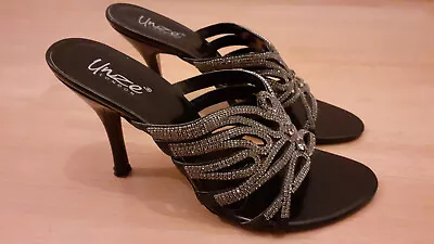 Unze Black 4 Inch Stiletto High Heel Open Toe Slip On Sparkly Sandals Size 6 UK • £39.50