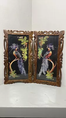 Vintage 2 Mexican Feathercraft Hand Painted Bird Art Wall Hanging Carved Frame  • $200