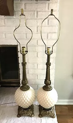 Pair Of Vintage Mid Century Quilted Glass Brass Hollywood Regency Table Lamps • $215