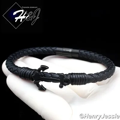 8.25 MEN WOMEN Stainless Steel 6mm Black Plated Anchor Leather Bracelet*BB107 • $19.99