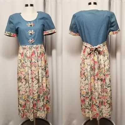 Vintage 90s Y2k Pink Floral Cottagecore Blue Denim Homeschool Mom Jumper Dress 6 • £72.38