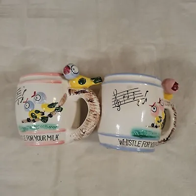 Vtg Pair Ross Products Whistle For Your Milk Child's Mugs Hand Decorated Japan • $25