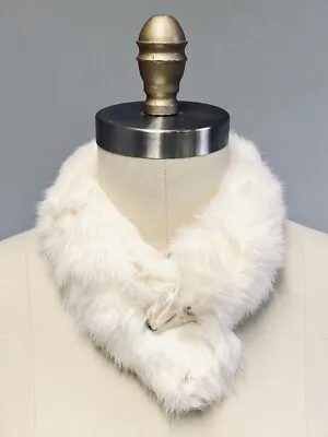 VTG  Rabbit Fur Neck Scarf Stole White/Ivory W/ Head Clip 24   • $34