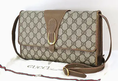 Auth Vintage GUCCI Brown GG PVC Canvas And Leather Shoulder Bag Purse #55349 • $296.10
