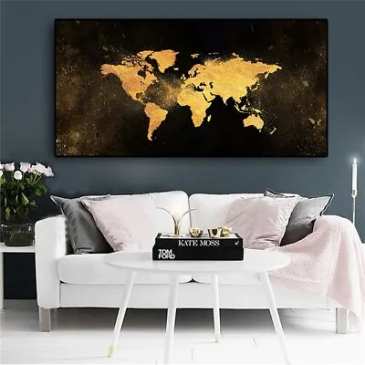 Modern Black And Gold World Map Abstract Canvas Painting Canvas Wall Art Poster • $24.43