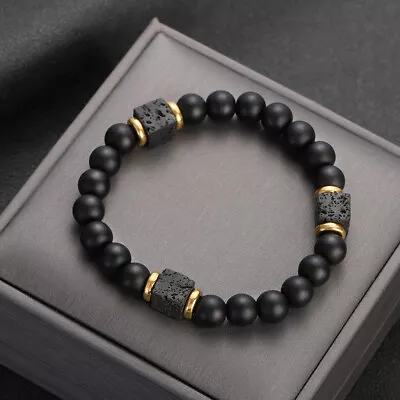 Mens Obsidian Bead Bracelets Charm Lava Rock Natural Stone Oil Diffuser Bracelet • $8.99