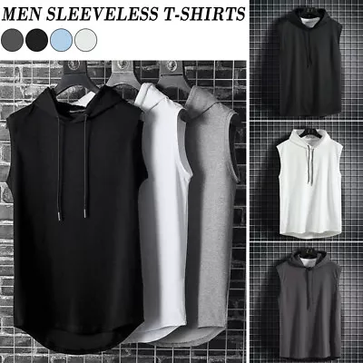 Summer Men Sleeveless Sports Hoodie Fitness Muscle Hooded T-Shirt Vest Tank Top • £6.99