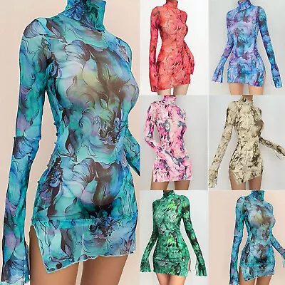 Ladies Mesh Printed Round Neck Bell Sleeve Side Open Hip Dress • $12.94