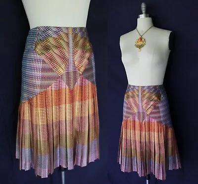 Vintage ZAC POSEN Couture Peacock Art Deco Silk Pleated Dress  Skirt $1795 M • $175