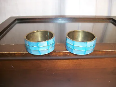 2 Vintage Mother Of Pearl Blue Brass Napkin Rings (2) • $9.75