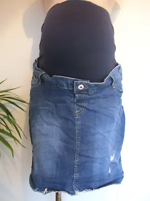 Blooming Marvelous Blue Denim Maternity Over Bump Distressed Jeans Skirt Size 18 • £10