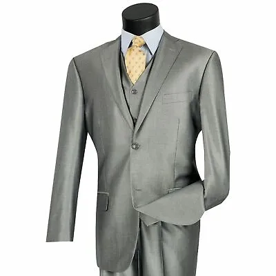 VINCI Men's Gray Shiny Sharkskin 3pc 2 Button Classic Fit Suit NEW • $124