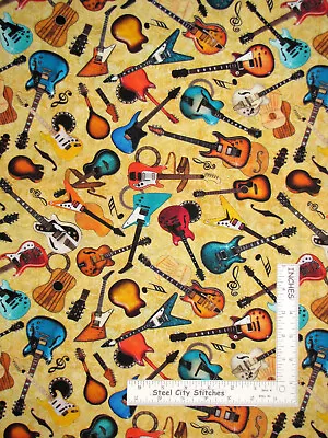 Guitar Music Yellow Cotton Fabric QT Quilting Treasures Good Vibrations By Yard • $10.98