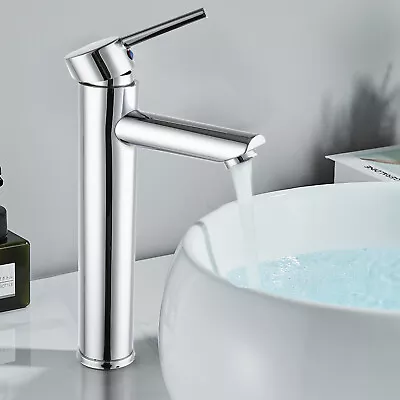 Modern Bathroom High Rise Countertop Basin Mixer Tap Tall Chrome Solid Brass • £33.09