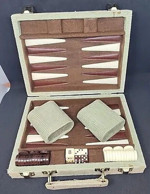 Vintage Green Corduroy Backgammon Set  9x7x2 (measured  Closed) SKOR MOR • $34