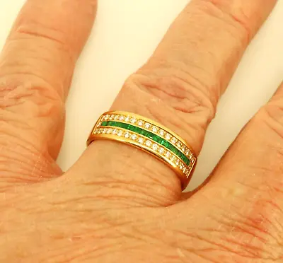 Quality 18ct Gold Mens Diamond & Emerald Wedding Band Ring. Size X. NICE1 • £1500