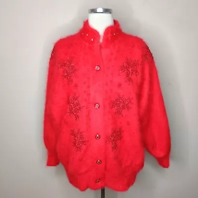 Vtg Lira Red Angora Cardigan Sweater Beaded Lined L / XL Women's Button Up • $55