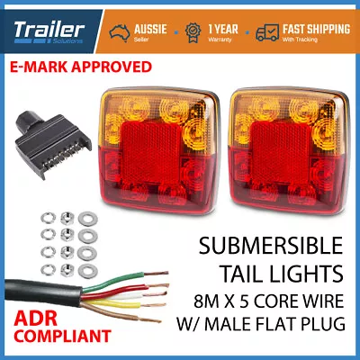 Pair Square Trailer Lights 1 X Plug 8m X 5 Core Wire Kit Rewire Complete Boat • $39.19