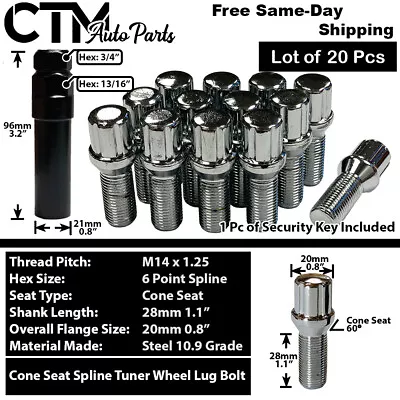 20x BMW Mini Chrome 14x1.25 Spline Tuner Lug Bolts 28mm Shank Fit F-Body G-Body • $26.67