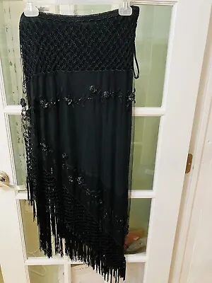 Vintage TADASHI Black Skirt Fringe Embroidered Tool Side Zip  Cocktail Maxi • $125.80