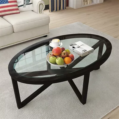 Modern Coffee Table Black Wood Base & Oval Tempered Glass Top For Living Room • $135.99