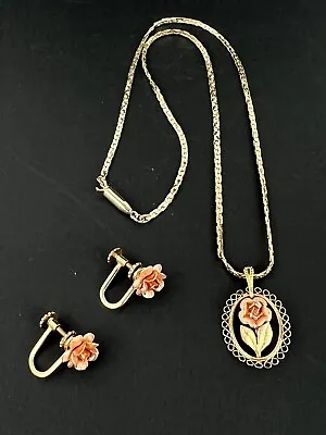 Vintage Krementz Rose 17  Necklace & Screw Back Earrings Set Gold & Copper Tone • $49.95