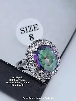 5Ct Fire Rainbow Mystic Topaz Ring 8 14K White Gold Plated Over 925 SSilver • $89.50