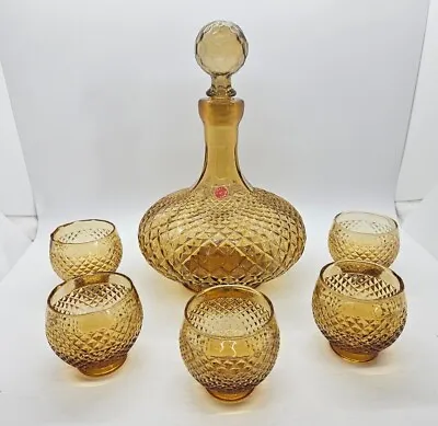 Vintage Empoli Amber Italian Glass Diamond Point Decanter Set W/ 5 Glasses MCM   • $118.01