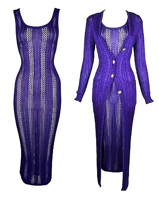 F/W 1993 Gianni Versace Runway Sheer Purple Knit Bodycon Dress & Cardigan • $10200