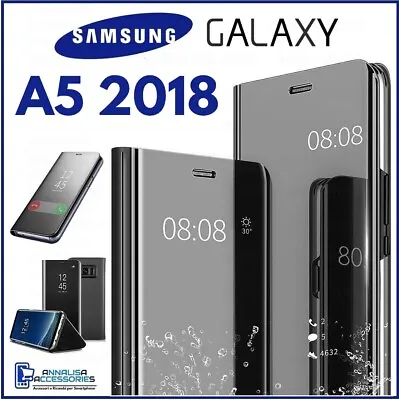 For SAMSUNG GALAXY A5 2018 CLEAR VIEW FLIP CASE SMART BOOK MIRROR LUXURY COVER • $15.29
