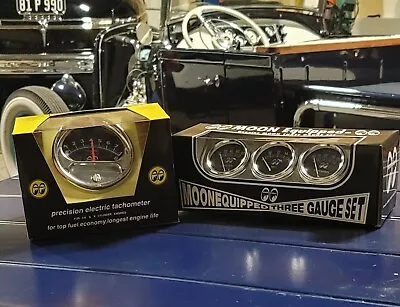 $239.98 • Buy MOONeyes 8k TACHOMETER & Mechanical 3 GAUGE Set HOT ROD Custom GASSER Moon NHRA