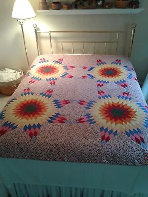 $675 • Buy OUTSTANDING Vintage 30s Hand Quilted Four Panel Lone Star Quilt, VIBRANT