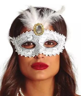 White Mask With Feather Masquerade Fancy Dress Costume Feather 20s Eye Mask • £6.99