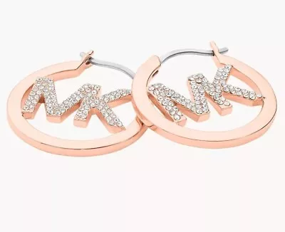 NWT Women's MICHAEL KORS Rosé Gold Tone Hoop Pave MK Logo Earrings MSRP $139 • $29.99