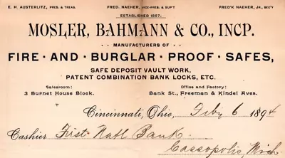 1894 Mosler Bahmann & Co. Fire-Proof Safes L L Lavenberg Cinncinati Ohio Receipt • $75